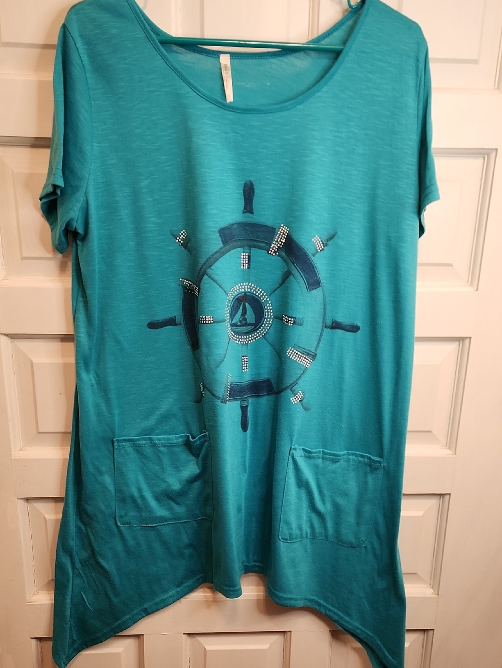 India Boutique Teal Short Sleeve Tunic With Sequins Top Sharkbite Bottom Length